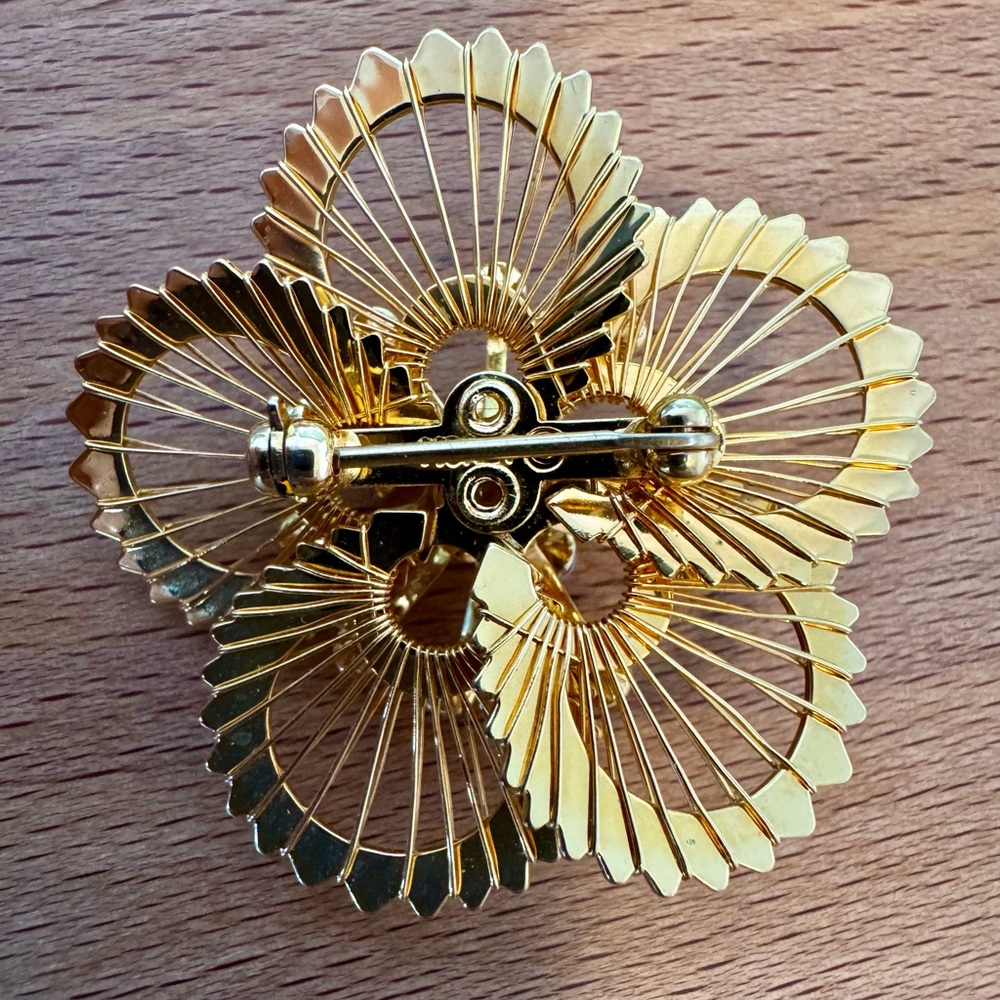 Vintage Monet Gold Tone Rhinestone Flower Brooch Pin – Layered Filigree Design - Picture 3 of 4